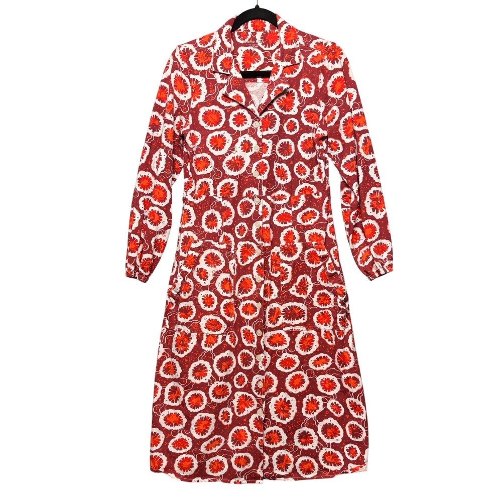 Svaha USA Button Front Midi Dress Floral Red Orange S Whimsy Fun Teacher Pockets